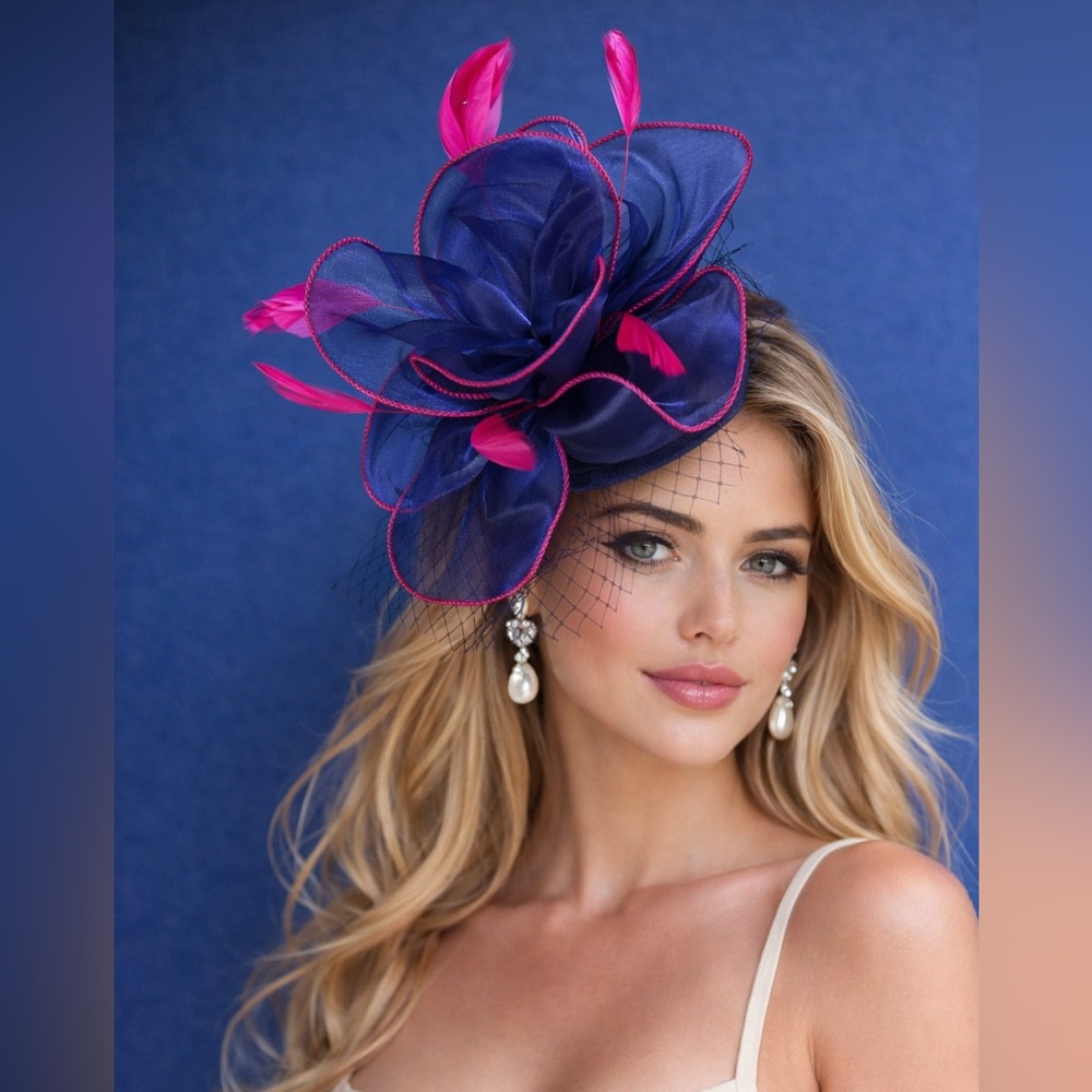 Kentucky Derby Oaks Ascot Blue and Pink Fascinator w Netting + Feathers